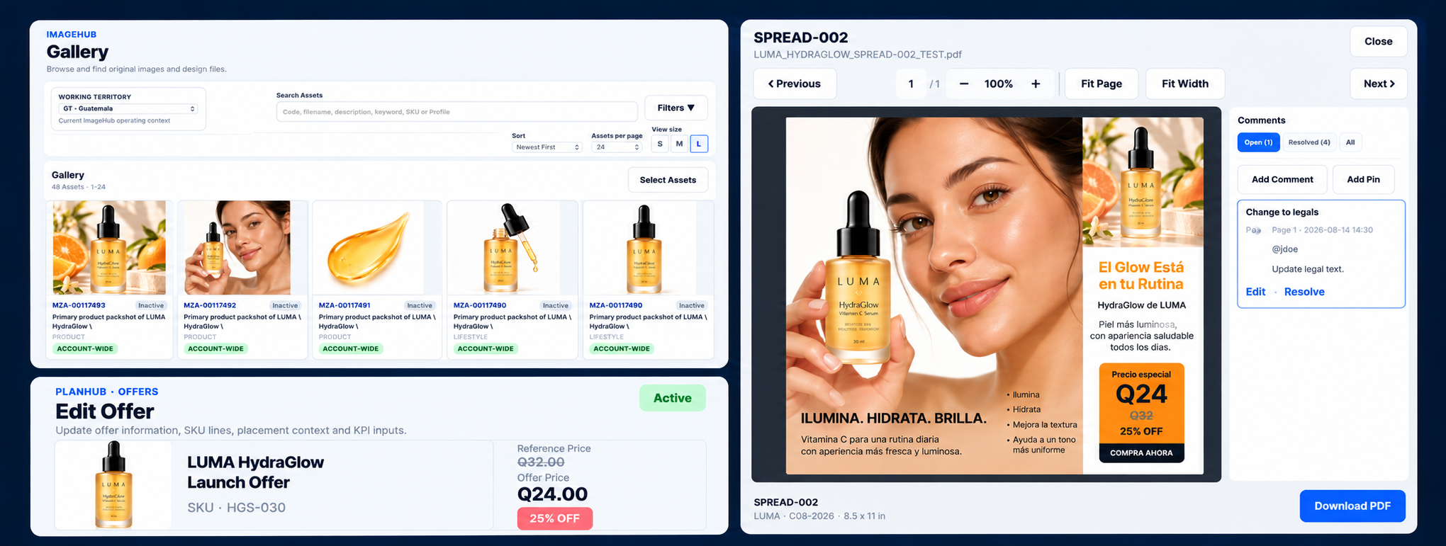 Marketing Zone connected workflow: ImageHub Gallery, PlanHub Offer and publication review